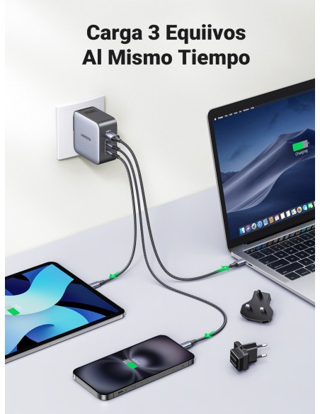 Ugreen 65W Nexode GaN Auriculares, Teléfono móvil, Portátil, Reloj inteligente, Tableta Gris USB Carga rápida Interior