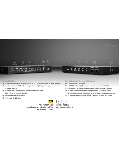 i-tec USB-C KVM Dock PRO for Three Hosts, Dual Video, with 2x Power Delivery, max 92W