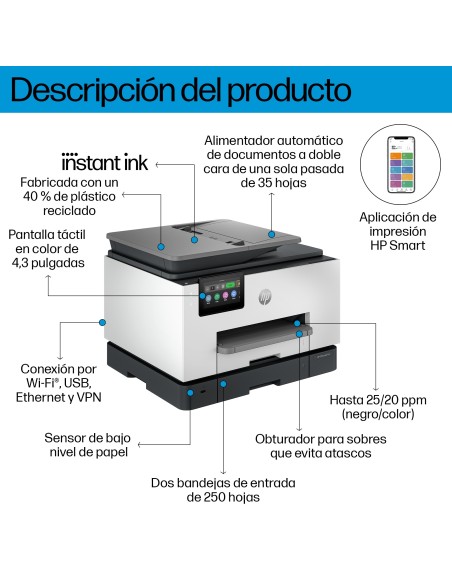 HP OfficeJet Pro 9132e Inalámbrico All-in-One Color Impresora, Servicio Instant Ink Impresión a doble cara