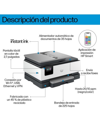 HP OfficeJet Pro 8132e Inalámbrico All-in-One Color Impresora, Servicio Instant Ink Impresión a doble cara