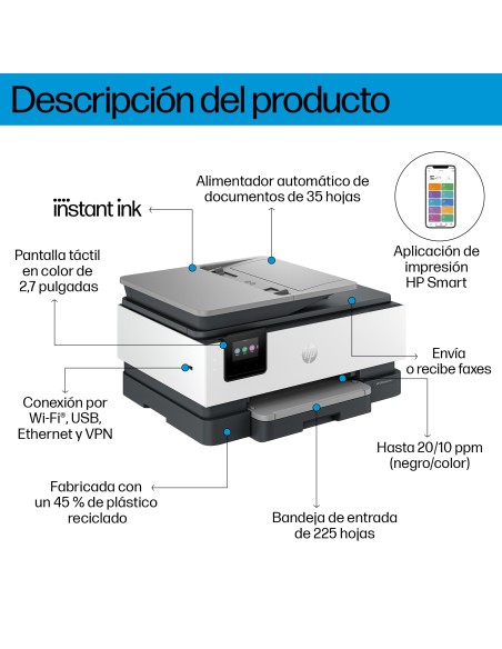 HP OfficeJet Pro 8132e Inalámbrico All-in-One Color Impresora, Servicio Instant Ink Impresión a doble cara