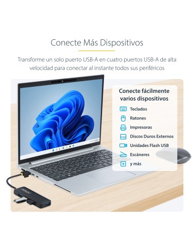 StarTech.com Hub USB-A de 4 Puertos - Ladrón USB de 4 Puertos - Alimentado por el Bus - USB 3.0 de 5Gbps - Hub Portátil para