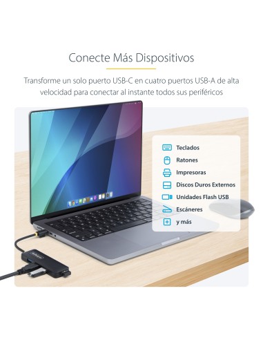 StarTech.com Hub USB-C de 4 Puertos - Ladrón USB Tipo C a 4 Puertos USB-A - Alimentado por el Bus - USB 3.0 de 5Gbps - Hub