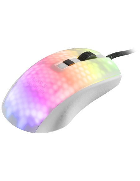 Mars Gaming MMRW, Ratón Gaming RGB Chroma, Estructura Translúcida Ultra-ligera 58 g, 12800 DPI, Switches Mecánicos HUANO, Blanco