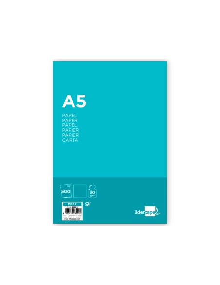 Liderpapel PB02 papel para impresora de inyección de tinta A5 (148x210 mm) Alise 500 hojas Blanco