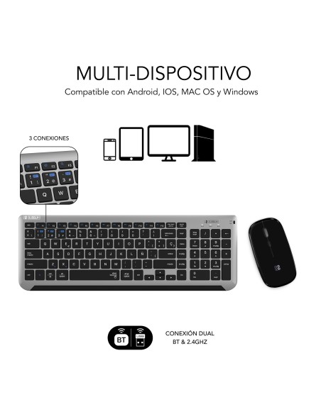 SUBBLIM Teclado con Ratón Bluetooth + 2.4G Combo Dual Prestige Extendido Gris Negro