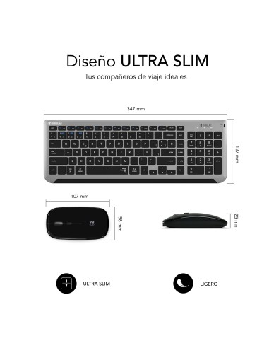SUBBLIM Teclado con Ratón Bluetooth + 2.4G Combo Dual Prestige Extendido Gris Negro