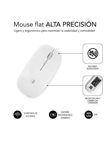 SUBBLIM Ratón Óptico Inalámbrico 2.4G y Bluetooth Dual Flat Mouse Recargable Blanco