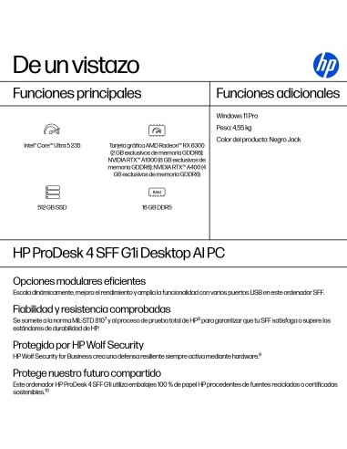 HP ProDesk 4 SFF G1i AI PC Intel Core Ultra 5 235 16 GB DDR5-SDRAM 512 GB SSD Windows 11 Pro Negro