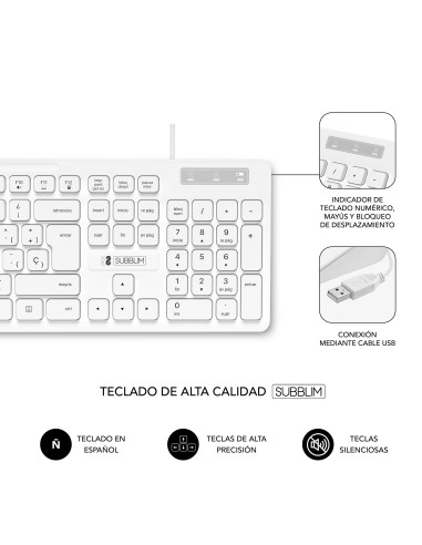 SUBBLIM Teclado Ergonómico y ratón Combo Business Slim Silencioso con cable USB Blanco