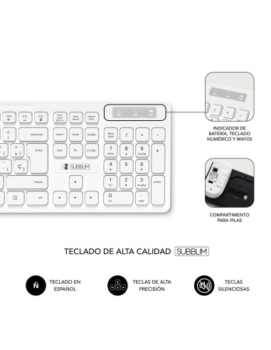 SUBBLIM Teclado Ergonómico y ratón Combo Business Slim Silencioso Inalámbrico 2.4G Blanco