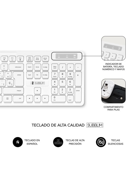 SUBBLIM Teclado Ergonómico y ratón Combo Business Slim Silencioso Inalámbrico 2.4G Blanco