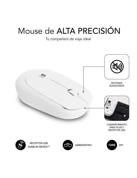SUBBLIM Teclado Ergonómico y ratón Combo Business Slim Silencioso Inalámbrico 2.4G Blanco