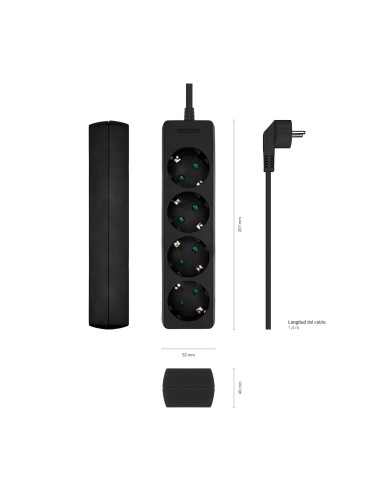 AISENS Base Multiple 4 Tomas Sin Interruptor Con Cable 3x1.5mm2, Negro, 1.4m