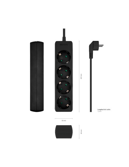 AISENS Base Multiple 4 Tomas Sin Interruptor Con Cable 3x1.5mm2, Negro, 1.4m