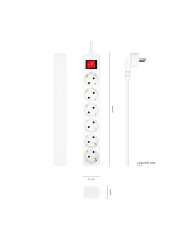 AISENS Base Multiple 6 Tomas Con Interruptor Con Cable 3x1.5mm2, Blanco, 1.4m