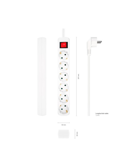 AISENS Base Multiple 6 Tomas Con Interruptor Con Cable 3x1.5mm2, Blanco, 1.4m