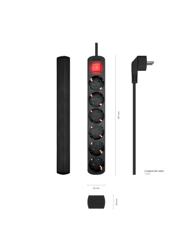 AISENS Base Multiple 6 Tomas Con Interruptor Con Cable 3x1.5mm2, Negro, 1.4m