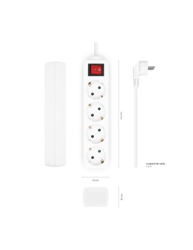 AISENS Base Multiple 4 Tomas con Interruptor con Cable 3×1.5mm2, Blanco, 1.4 m