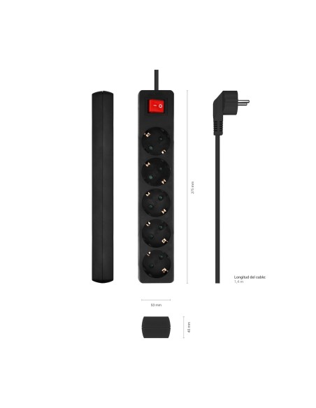 AISENS Base Multiple 5 Tomas con Interruptor con Cable 3×1.5mm2, Negro, 1.4 m