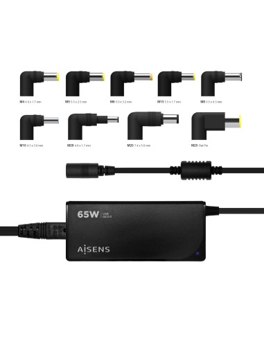 AISENS Cargador 65 W Automatico Universal Multitension Para Portatil Con 9 Conectores + USB-A QC.3.0