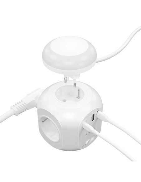 AISENS Regleta de Enchufes Sobremesa Multifuncion con 4 Tomas + 1xUSB-C 20W PD3.0, 2xUSB-A 18W QC3.0, Luz Nocturna, 1.8M, Blanco