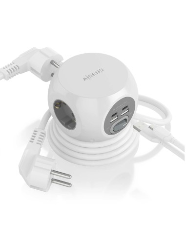 AISENS Regleta de Enchufes Sobremesa Multifuncion con 3 Tomas + 2xUSB-C, 2xUSB-A, 1.4M, Blanco