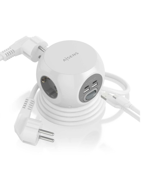 AISENS Regleta de Enchufes Sobremesa Multifuncion con 3 Tomas + 2xUSB-C, 2xUSB-A, 1.4M, Blanco