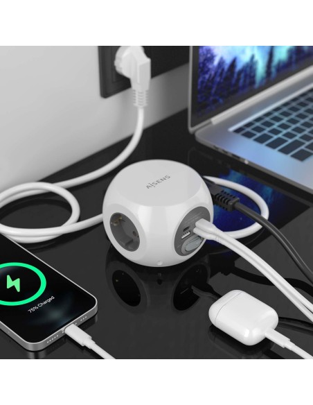 AISENS Regleta de Enchufes Sobremesa Multifuncion con 3 Tomas + 2xUSB-C, 2xUSB-A, 1.4M, Blanco