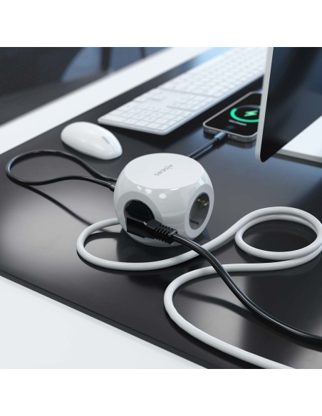 AISENS Regleta de Enchufes Sobremesa Multifuncion con 3 Tomas + 2xUSB-C, 2xUSB-A, 1.4M, Blanco