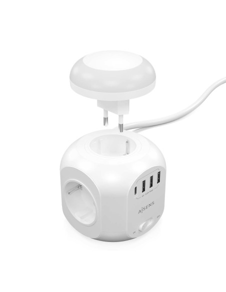 AISENS Regleta de Enchufes Sobremesa Multifuncion con 4 Tomas + 1XUSB-C, 3XUSB-A, Luz Nocturna, 1.8M, Blanco