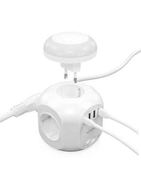 AISENS Regleta de Enchufes Sobremesa Multifuncion con 4 Tomas + 1XUSB-C, 3XUSB-A, Luz Nocturna, 1.8M, Blanco