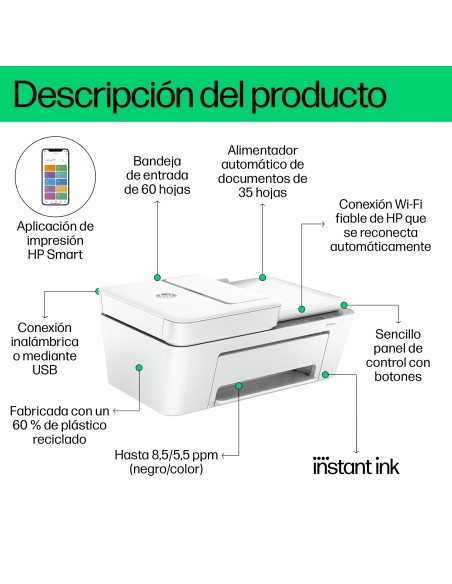 HP DeskJet 4220e Inalámbrico All-in-One Color Impresora, Instant Ink Fotocopiadora, escáner