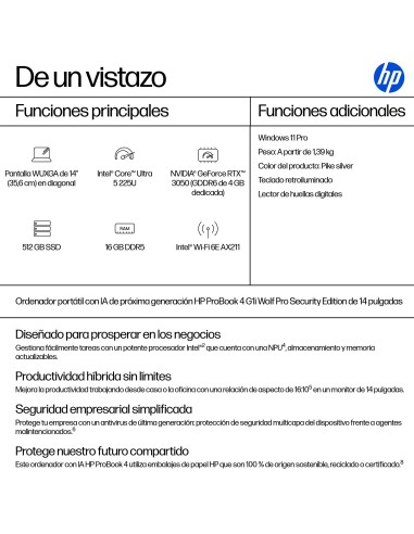 HP ProBook 4 G1i AI Wolf Pro Security Edition Intel Core Ultra 5 225U Portátil 35,6 cm (14") WUXGA 16 GB DDR5-SDRAM 512 GB SSD