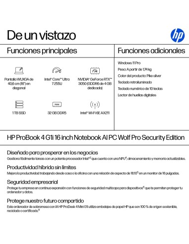 HP ProBook 4 G1i AI Wolf Pro Security Edition Intel Core Ultra 7 255U Portátil 40,6 cm (16") WUXGA 32 GB DDR5-SDRAM 1 TB SSD