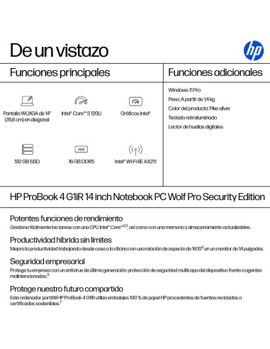 HP ProBook 4 G1iR Wolf Pro Security Edition Intel Core 5 120U Portátil 35,6 cm (14") WUXGA 16 GB DDR5-SDRAM 512 GB SSD Wi-Fi 6E
