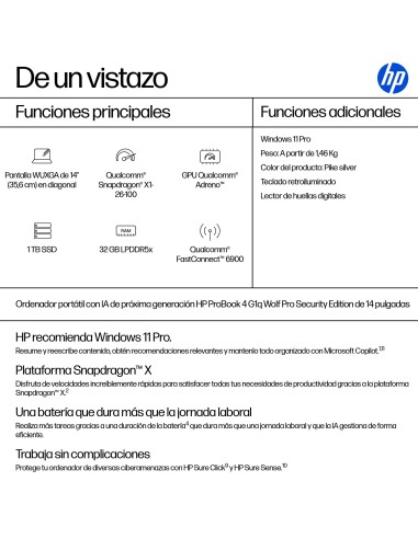 HP ProBook 4 G1q 14 inch Notebook Next Gen AI PC Wolf Pro Security Edition Copilot+ PC Qualcomm Snapdragon X1-26-100 35,6 cm