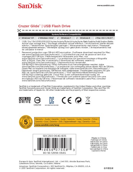 SanDisk Cruzer Glide unidad flash USB 64 GB USB tipo A 2.0 Negro, Rojo