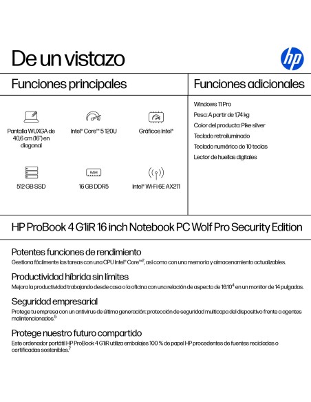 HP ProBook 4 G1iR Wolf Pro Security Edition Intel Core 5 120U Portátil 40,6 cm (16") WUXGA 16 GB DDR5-SDRAM 512 GB SSD Wi-Fi 6E