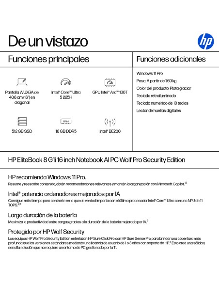 HP EliteBook 8 G1i Intel Core Ultra 5 225H Portátil 40,6 cm (16") WUXGA 16 GB DDR5-SDRAM 512 GB SSD Wi-Fi 7 (802.11be) Windows