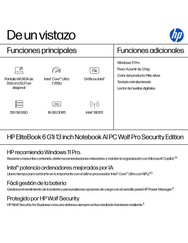 HP EliteBook 6 G1i Wolf Pro Security Edition Intel Core Ultra 7 255U Portátil 33,8 cm (13.3") WUXGA 16 GB DDR5-SDRAM 512 GB SSD