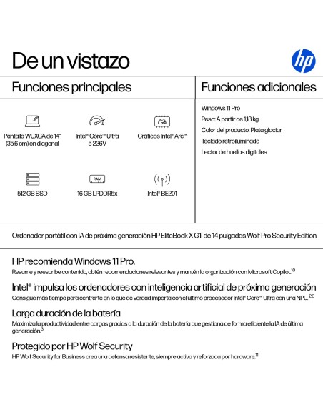 HP EliteBook X G1i Next Gen AI PC Wolf Pro Security Edition Copilot+ PC Intel Core Ultra 5 226V Portátil 35,6 cm (14") WUXGA 16