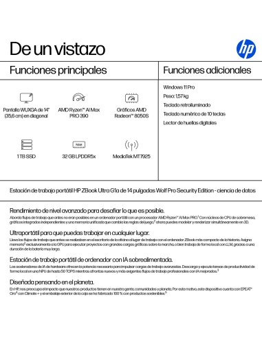 HP ZBook Ultra G1a Wolf Pro Security Edition - Data Science Copilot+ PC AMD Ryzen AI Max PRO 390 Estación de trabajo móvil 35,6
