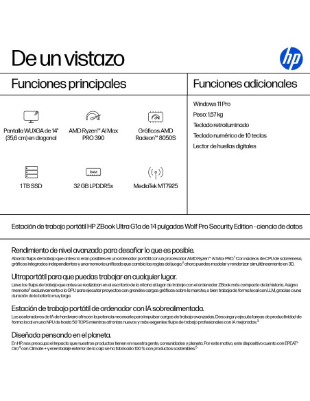 HP ZBook Ultra G1a Wolf Pro Security Edition - Data Science Copilot+ PC AMD Ryzen AI Max PRO 390 Estación de trabajo móvil 35,6