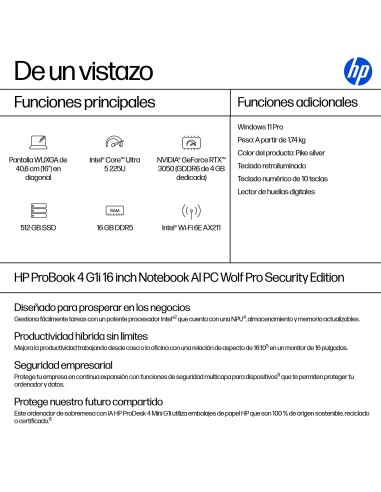 HP ProBook 4 G1i 16 AI PC Wolf Pro Security Edition Intel Core Ultra 5 225U Portátil 40,6 cm (16") WUXGA 16 GB DDR5-SDRAM 512