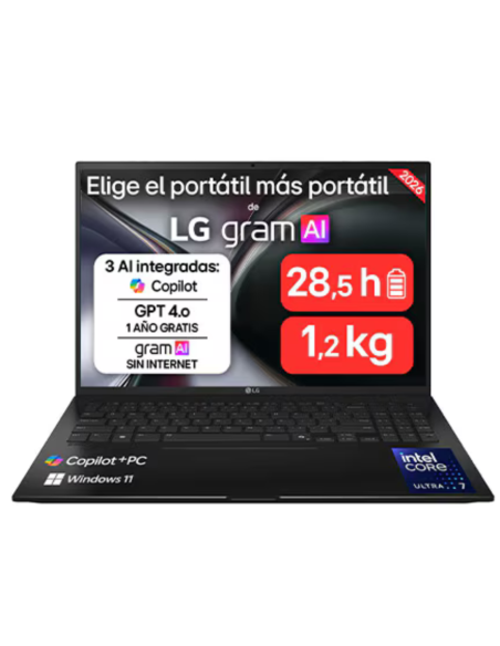 "LG PORT+üTIL 16"" GRAM 16Z90TL, COPILOT+ PC, WINDOWS 11 HOME, INTEL CORE ULTRA 7, 32 GB RAM, 512 GB SSD, PANEL IPS WQXGA (2