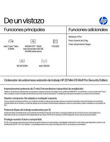 HP Z2 G1i Wolf Pro Security Edition Intel Core Ultra 9 285K 48 GB DDR5-SDRAM 1 TB SSD NVIDIA RTX 4000 Ada Windows 11 Pro Mini
