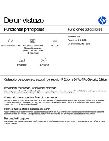 HP Z2 Tower G1i Wolf Pro Security Edition Intel Core Ultra 9 285 32 GB DDR5-SDRAM 1 TB SSD Windows 11 Pro Torre Puesto de