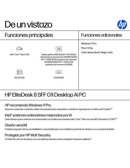 HP EliteDesk 8 SFF G1i AI PC Intel Core Ultra 5 235 16 GB DDR5-SDRAM 512 GB SSD Windows 11 Pro Negro