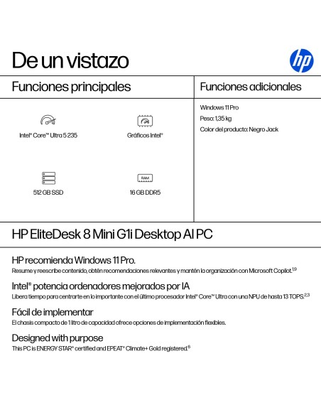 HP EliteDesk 8 Mini G1i Desktop AI PC Intel Core Ultra 5 235 16 GB DDR5-SDRAM 512 GB SSD Windows 11 Pro Mini PC